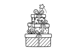Stack of Christmas gift boxes with bows and a star, black and white line art illustration.