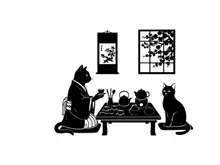 Two cats in silhouette enjoying traditional japanese tea ceremony