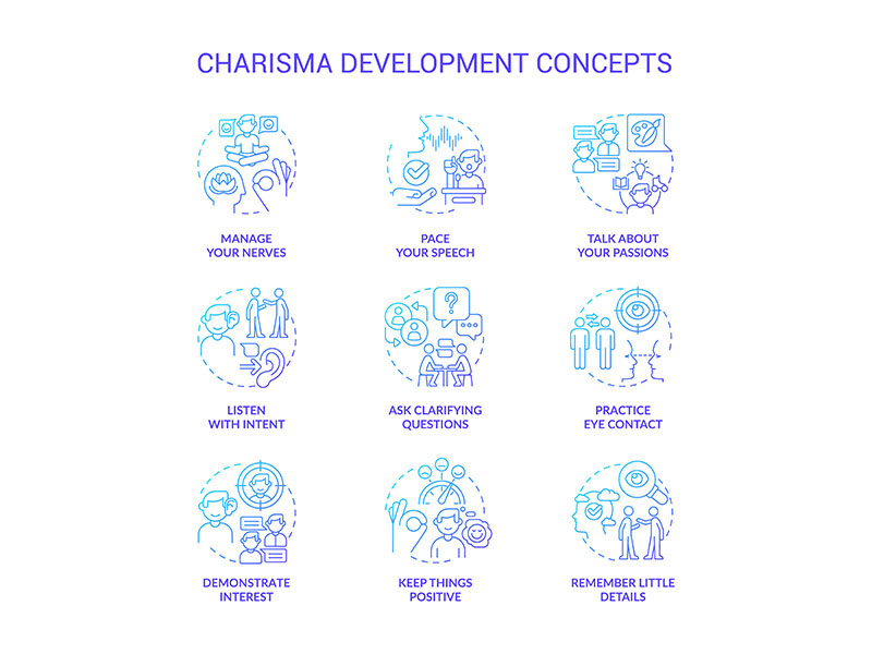 Charisma development blue gradient concept icons set