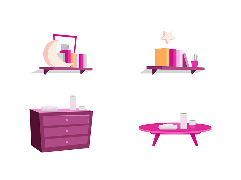 Female room furniture flat color vector objects set