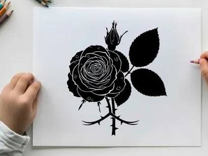 Silhouette of a detailed black rose with leaves and thorns