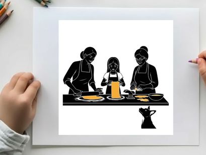 Silhouette of family cooking together in the kitchen with aprons on