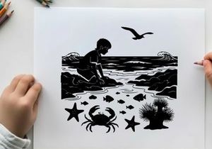 Boy exploring beach with marine life and seagull