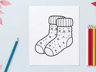 Hand-drawn white knitted Christmas stocking with snowflake patterns and cuff detail