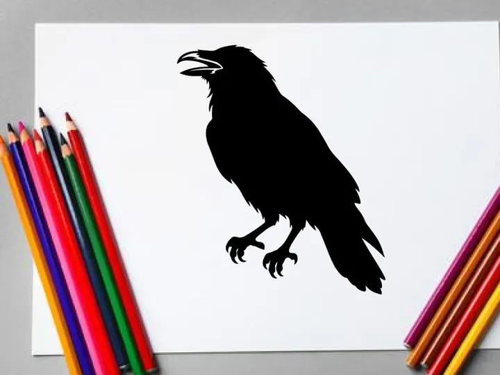 Silhouette of a Crow Perched on a Branch in Black and White