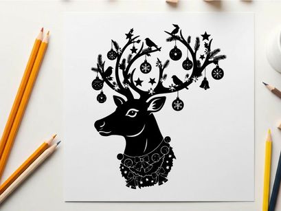 Christmas reindeer silhouette with ornaments and red nose