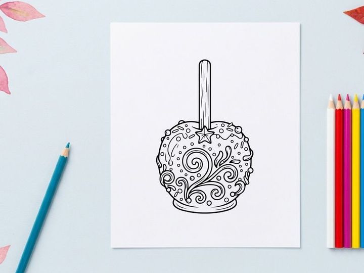 Halloween candy apple coloring page. Festive caramel apple line art for kids activity.