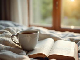 Relaxing scene with a cup of coffee and open book on a cozy blanket. preview picture