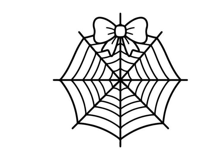 Hand-drawn Halloween spider web with bow. Classic black and white cobweb illustration for festive decor.