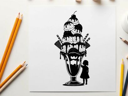 Silhouette of a girl looking at a giant ice cream sundae silhouette