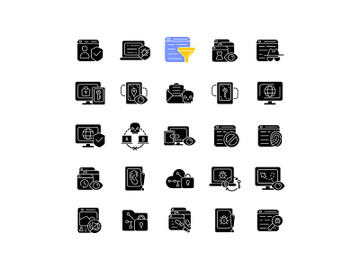 Online surveillance and censorship black glyph icons set on white space preview picture