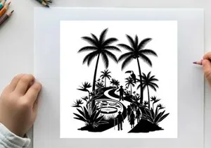Tropical island silhouette with palm trees and winding path