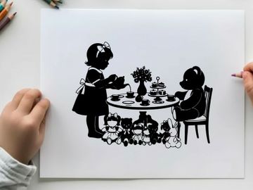 Vintage silhouette of teddy bear and girl having tea preview picture