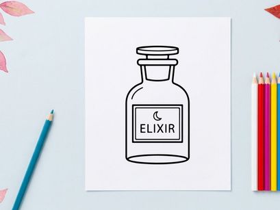 Empty glass bottle labeled elixir on white background. Minimalist healing potion container for health and wellness branding.