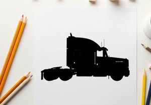 Silhouette of a semi truck against a white background
