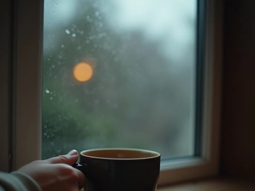 A person holds a dark mug near a window with raindrops. preview picture