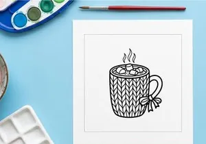 Schwarz-weiß-Linienkunst einer Tasse mit Marshmallows
