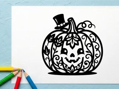 Halloween Pumpkin with Carved Face and Top Hat for Fall Decor
