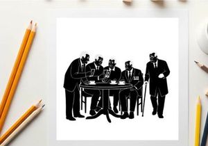 Silhouette of five men in suits gathered around a table with a sixth standing
