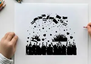 Silhouette of a crowd celebrating with flags and hearts in the air