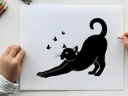 Black cat silhouette stretching towards butterflies