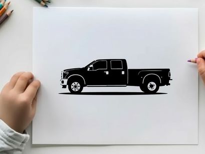 Silhouette of a black pickup truck with a long bed