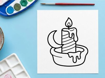 Hand-drawn Halloween candle melting with dripping wax. Spooky holiday illustration of lit taper candle in ceramic holder for festive decor.