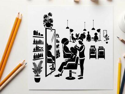 Silhouette of a hair salon with a stylist at work