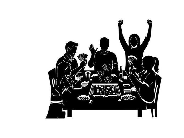 Silhouette of people playing board game with excitement and joy