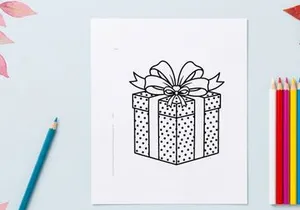 Christmas gift box with polka dot pattern and ribbon bow line art illustration