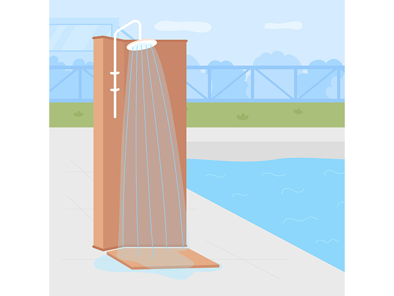 Poolside backyard shower flat color vector illustration