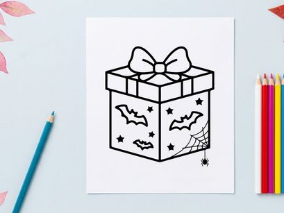 Halloween gift box with bats and spider web. Spooky holiday present icon for coloring page.