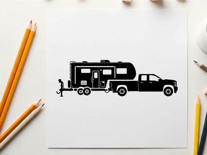 Silhouette of a pickup truck towing a large rv