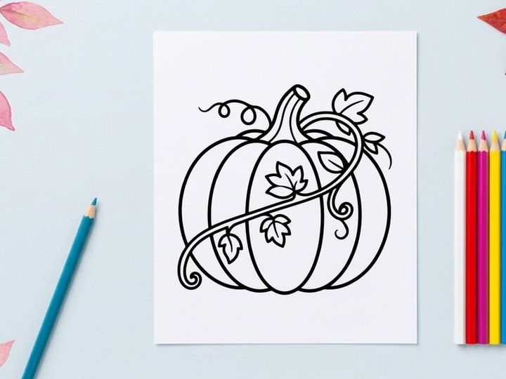 Ilustración decorativa de calabaza para diseños de otoño y Halloween. Motivo artístico de cosecha otoñal con vides y hojas ondulantes.