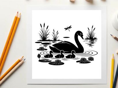 Mother swan and cygnets in pond with silhouette