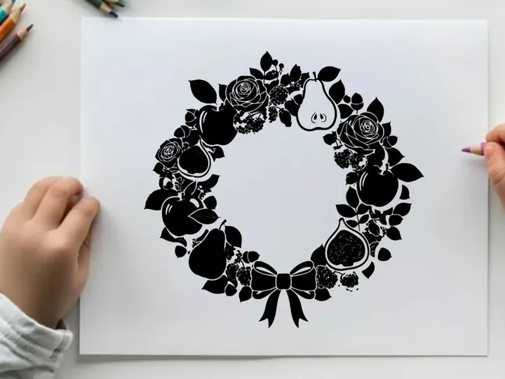 Silhouette of a heart and rose floral wreath design