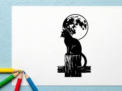Silhouette of a cat sitting on a tree stump with full moon in background