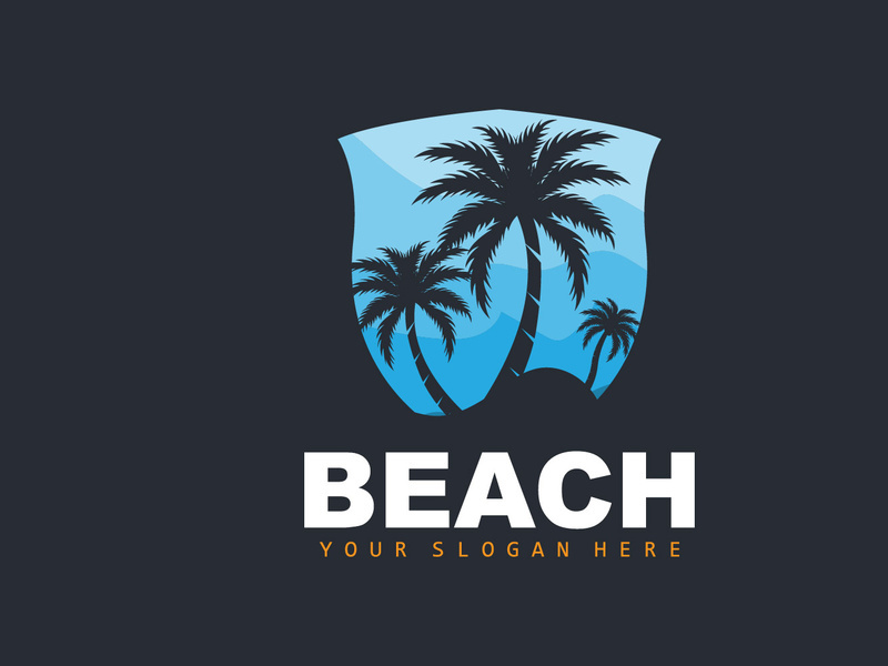 Coconut Tree Logo With Beach Atmosphere, Beach Plant Vector, Sunset View Design