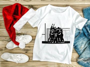 Black and white illustration of a soccer team celebrating a goal in front of a net preview picture