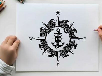 Nautical compass rose with anchor silhouette