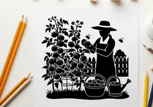 Silhouette of a woman gardening with tomatoes and tools
