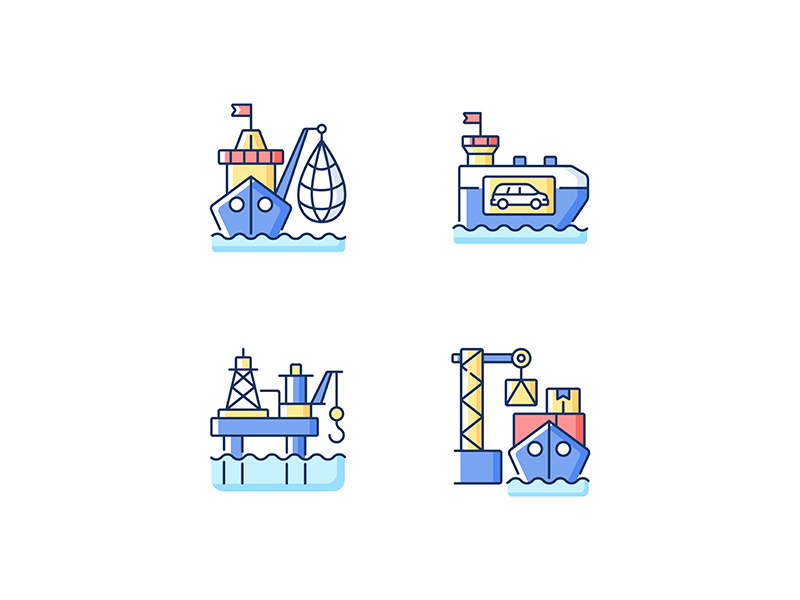 Marine industry sector RGB color icons set