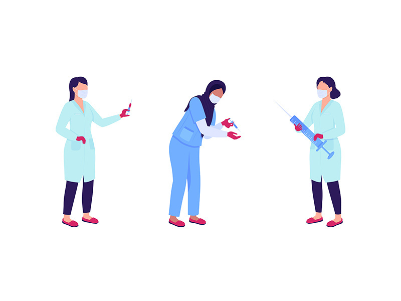 Women doctors with syringes flat color vector faceless character set