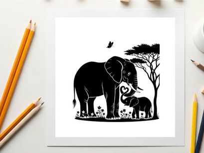 Elephant silhouette with baby and tree landscape