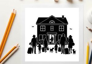 Family in silhouette standing outside a house with luggage