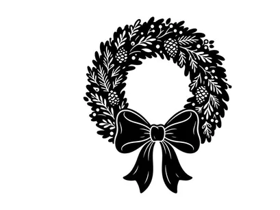 Ilustración de corona navideña en blanco y negro con piñas y un lazo decorativo