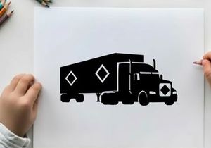 Black silhouette of a large truck with trailer and diamond shapes
