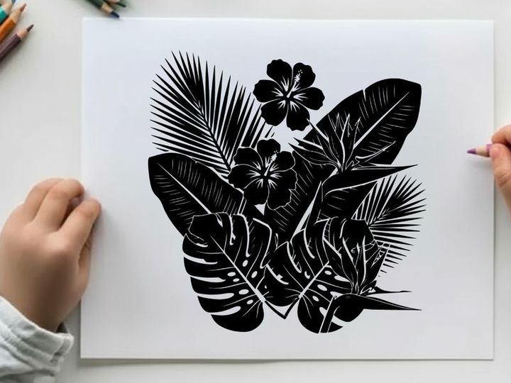 Tropical palm tree silhouette with flowers and leaves