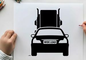 Silhouette of a car with oversized load on a flatbed truck