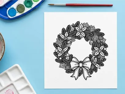 Christmas wreath line art illustration with holly berries and a decorative ribbon bow.